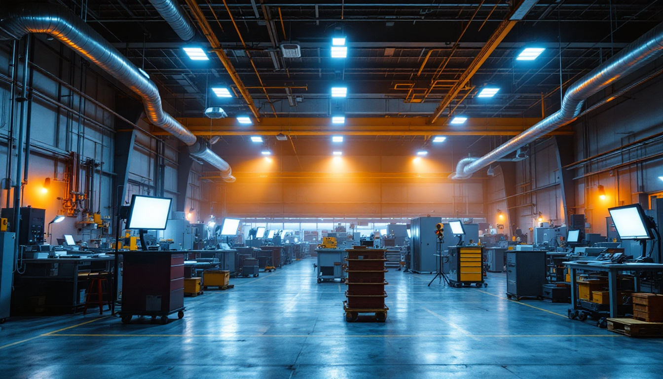A photograph of a well-lit industrial workspace showcasing various types of led lighting in use