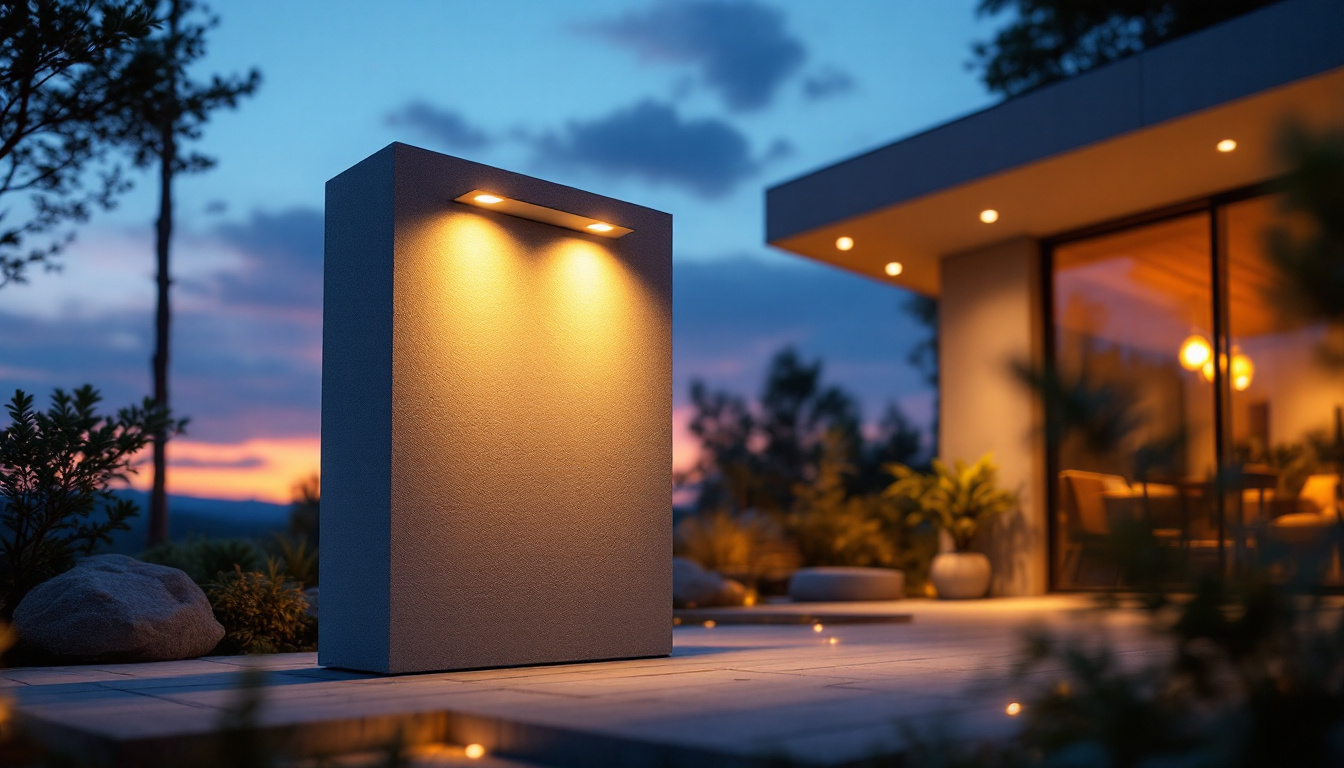 A photograph of a well-designed exterior light box in use during twilight