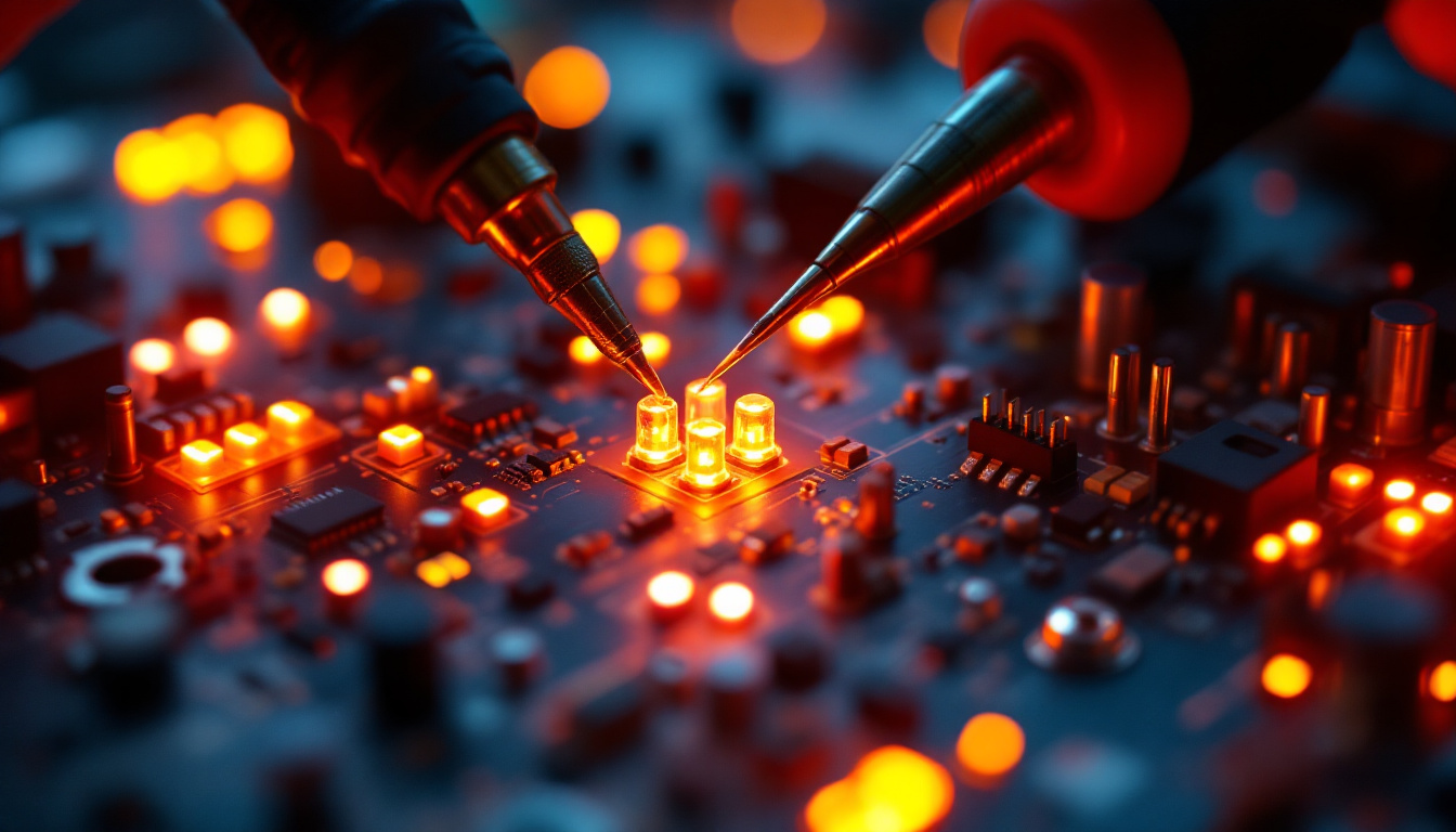 A photograph of a close-up shot of a circuit board with led lights illuminated