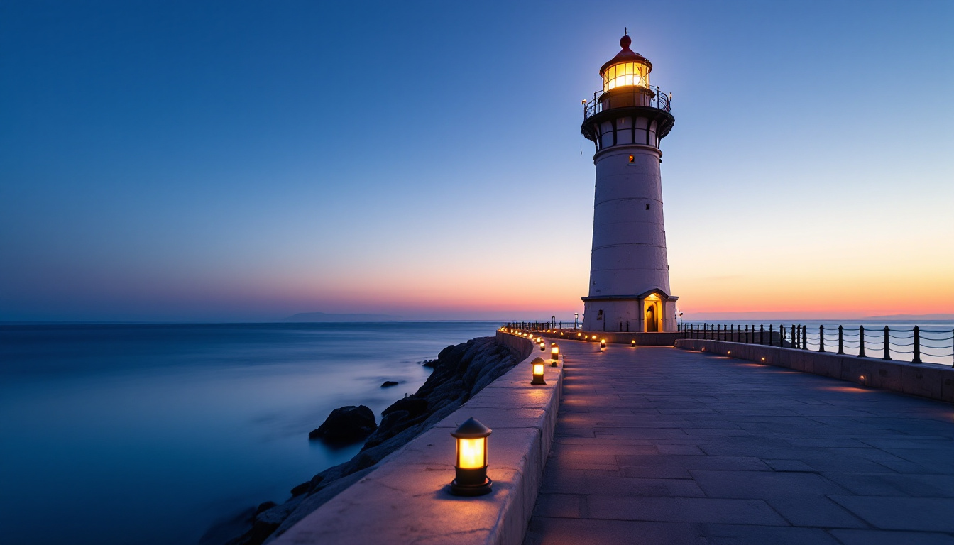 A photograph of a beautifully illuminated lighthouse at dusk