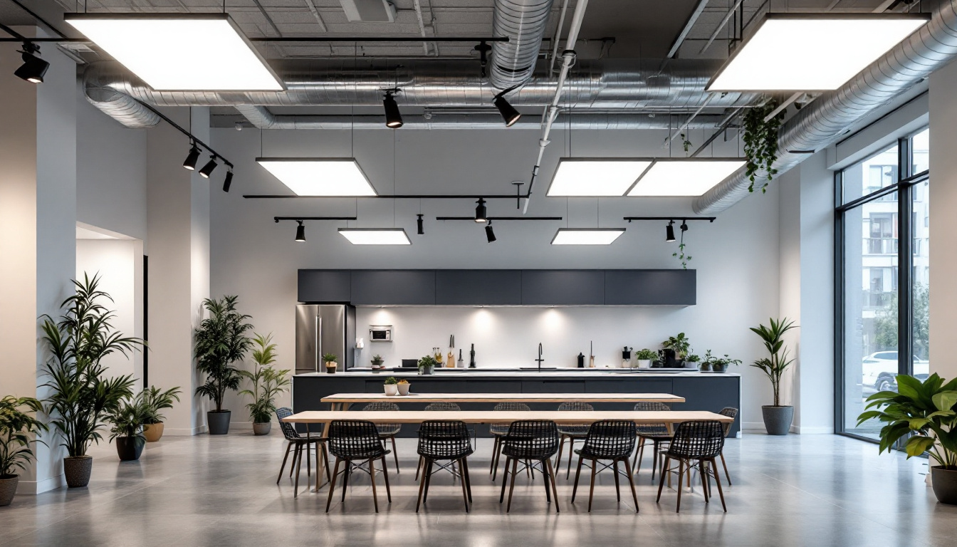 A photograph of capture a photograph of a well-lit commercial space featuring a sleek 2x4 panel led lighting installation