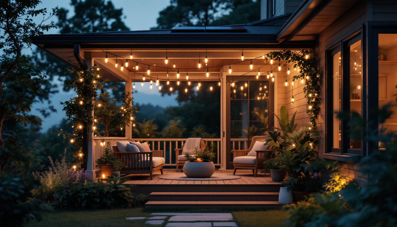 A photograph of a beautifully lit porch at dusk