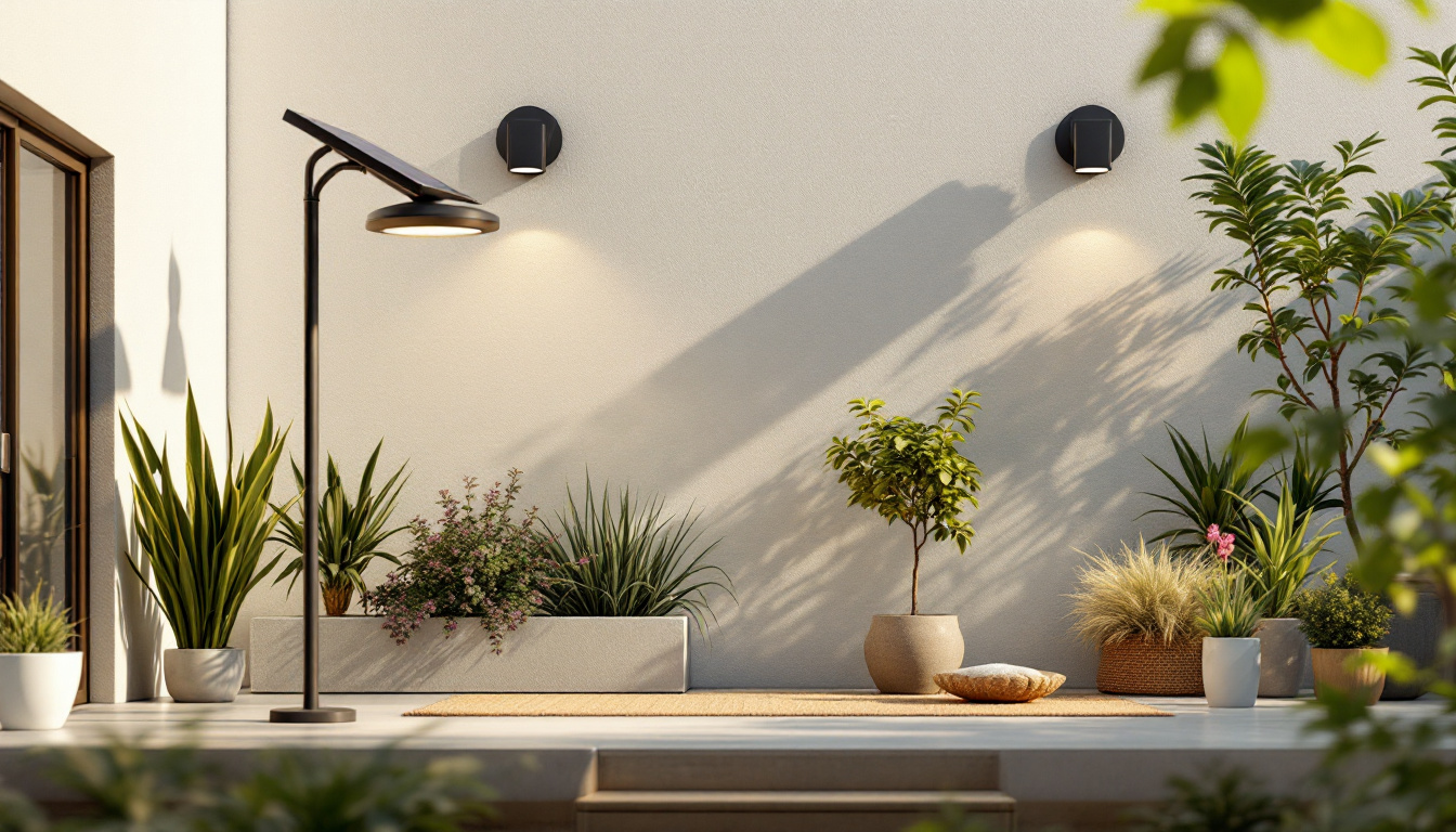 A photograph of a well-lit outdoor space showcasing various solar-powered fixtures in use