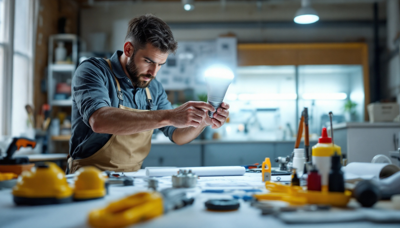 A photograph of a well-lit workspace featuring an electrical engineer examining a 4-foot t8 led bulb alongside various tools and schematics