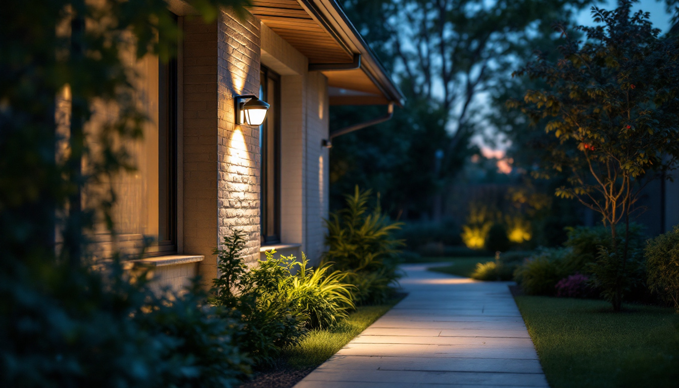 A photograph of a well-lit outdoor area featuring security motion lights installed on a residential property