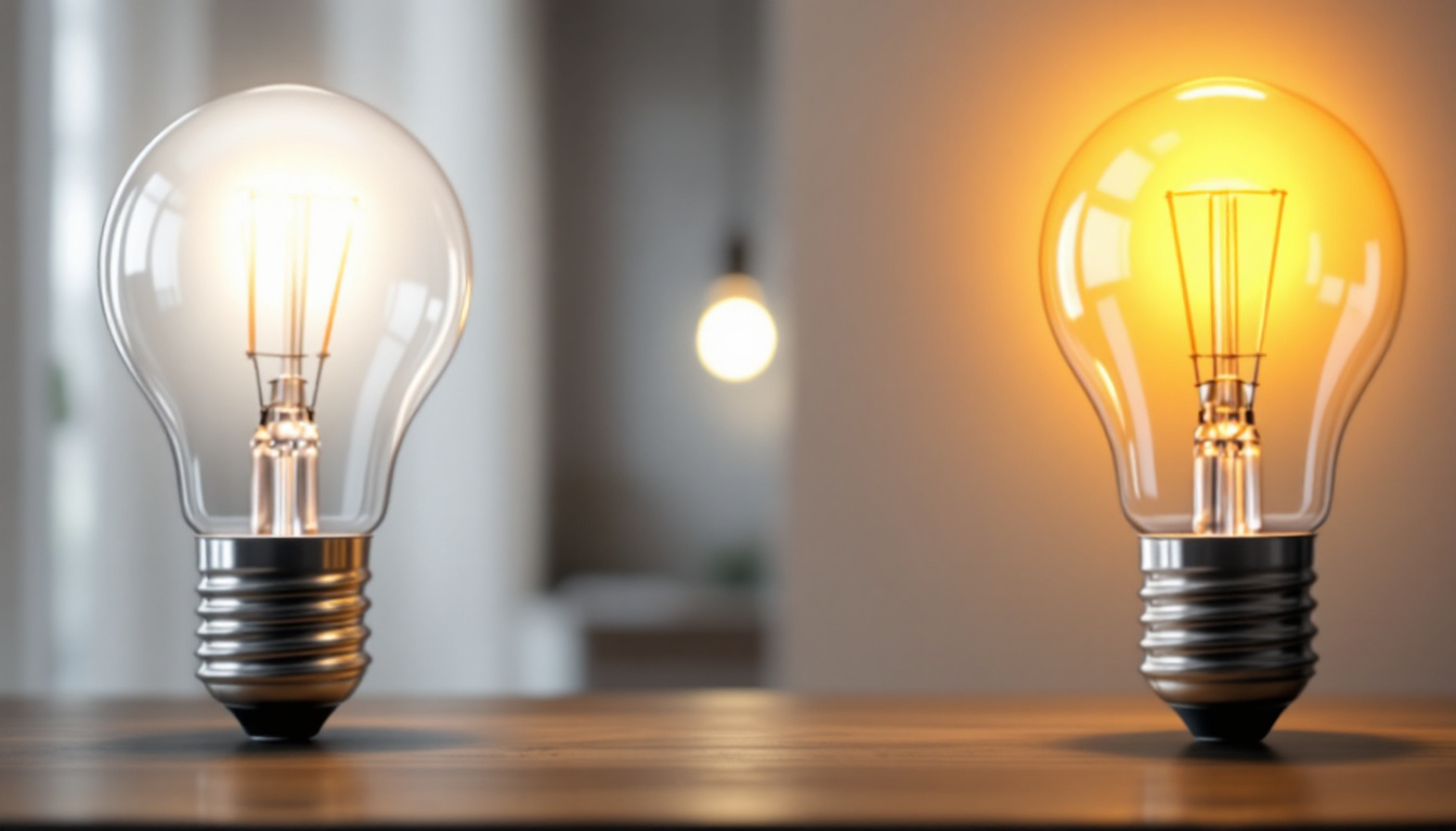 A photograph of capture a photograph of a well-lit room showcasing both traditional incandescent bulbs and led can lights