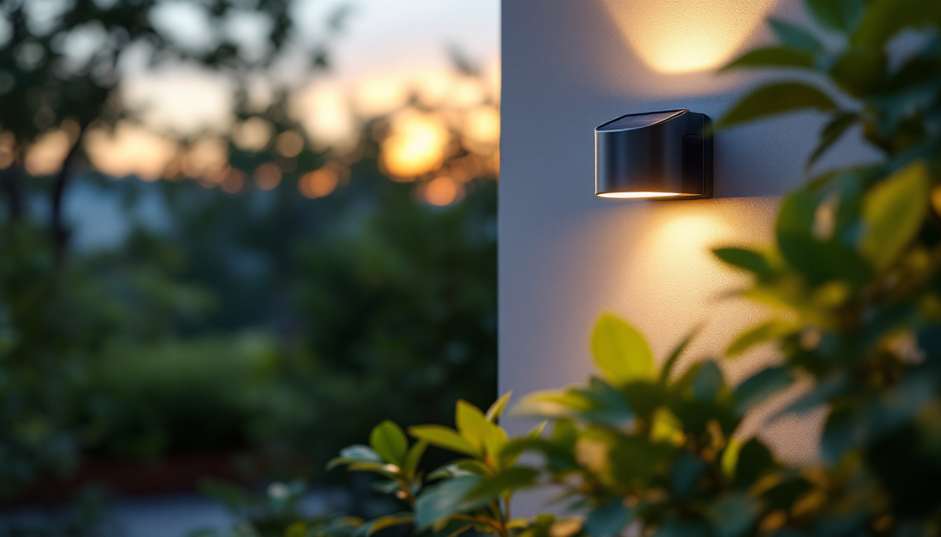 A photograph of a beautifully designed solar-powered wall sconce mounted on an exterior wall