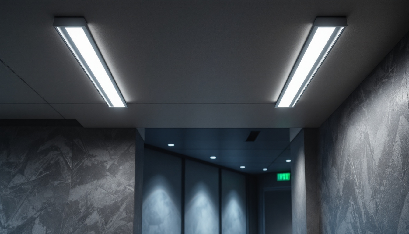 A photograph of a modern drop ceiling installation featuring sleek led lights