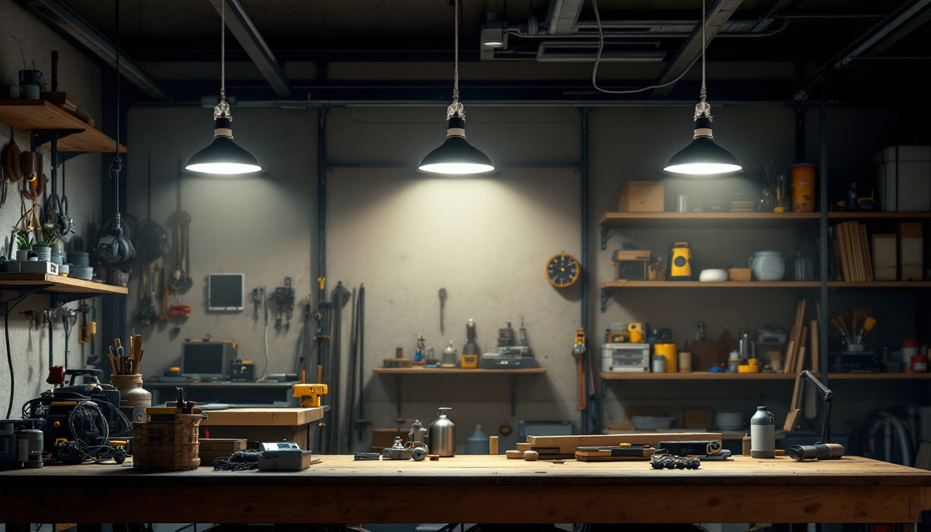 A photograph of a well-lit workshop or garage space featuring led hanging shop lights in use