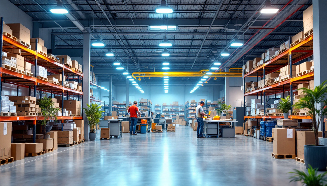 A photograph of a well-lit warehouse interior showcasing energy-efficient led lighting fixtures in action