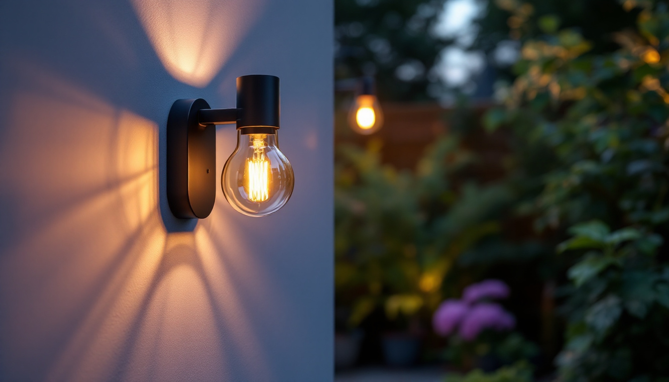 A photograph of a beautifully lit outdoor wall-mounted light fixture in an aesthetically pleasing garden or patio setting during twilight