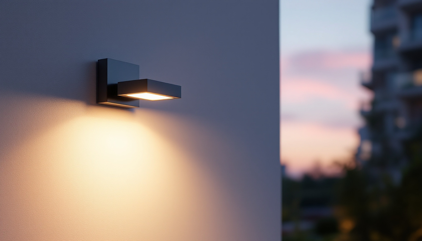 A photograph of a well-designed wall-mounted outdoor lighting fixture installed in a landscaped setting