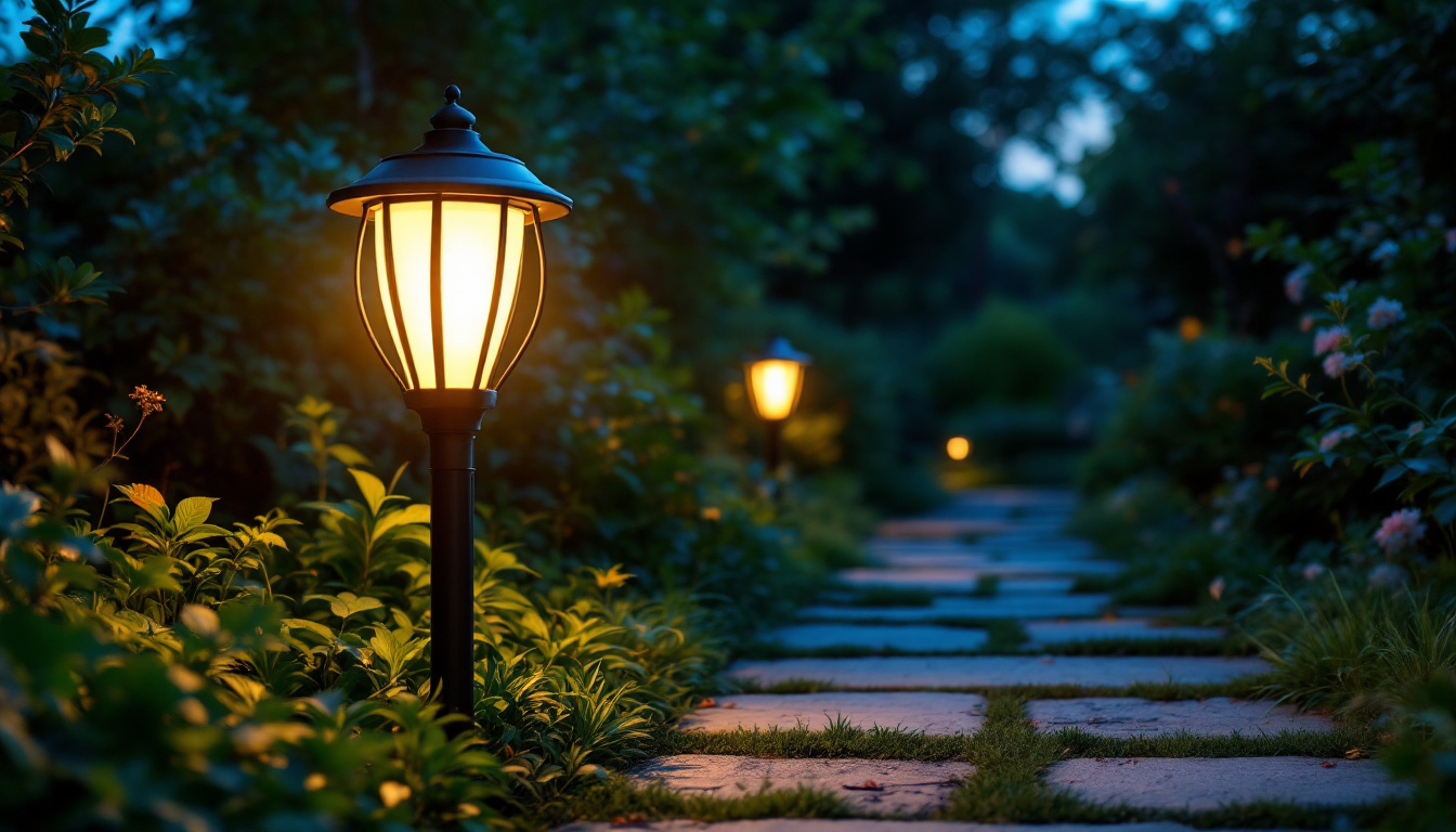 A photograph of a beautifully designed exterior solar lamp illuminating a garden pathway at dusk