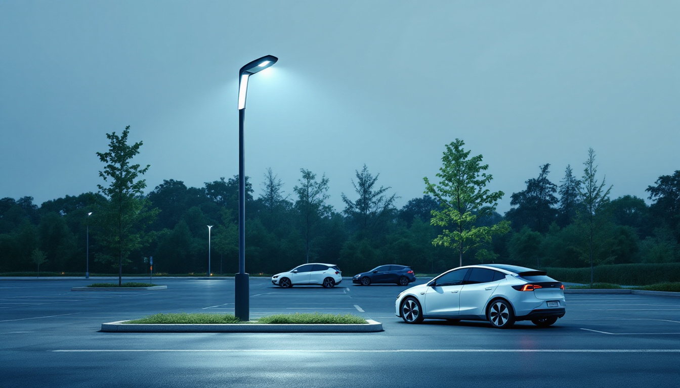 A photograph of a modern light post in a well-lit parking lot