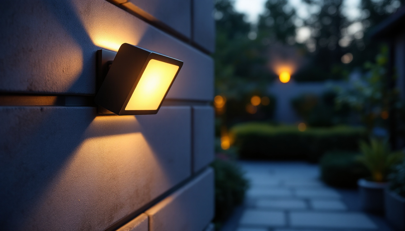 A photograph of capture a photograph of a stylish motion sensor outdoor light fixture installed in a garden or pathway setting at dusk