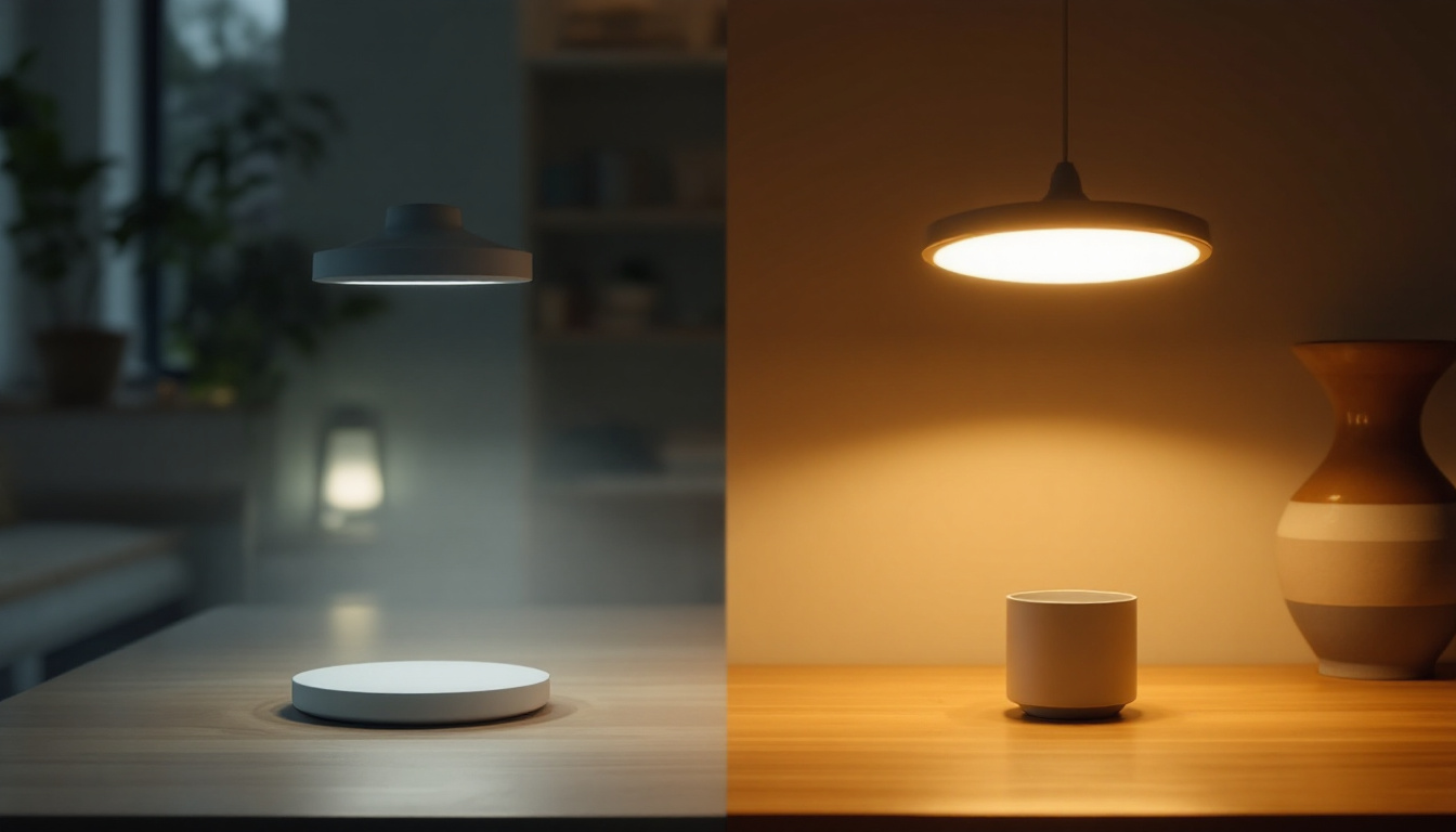 A photograph of a side-by-side comparison of a wafer can light and traditional lighting options