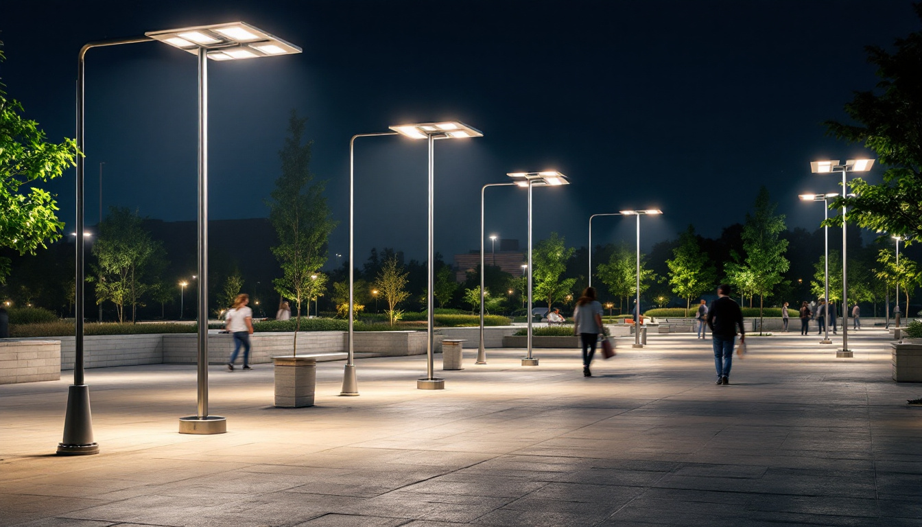 A photograph of a well-lit outdoor space featuring a variety of modern light poles in use