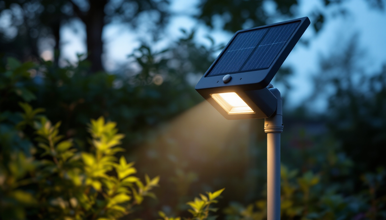 A photograph of a solar flood light with a motion sensor illuminated in a garden or outdoor setting at dusk