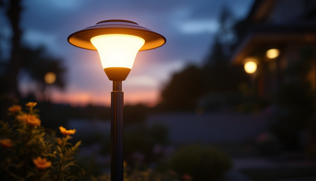 A photograph of a beautifully designed solar lamp illuminated at dusk