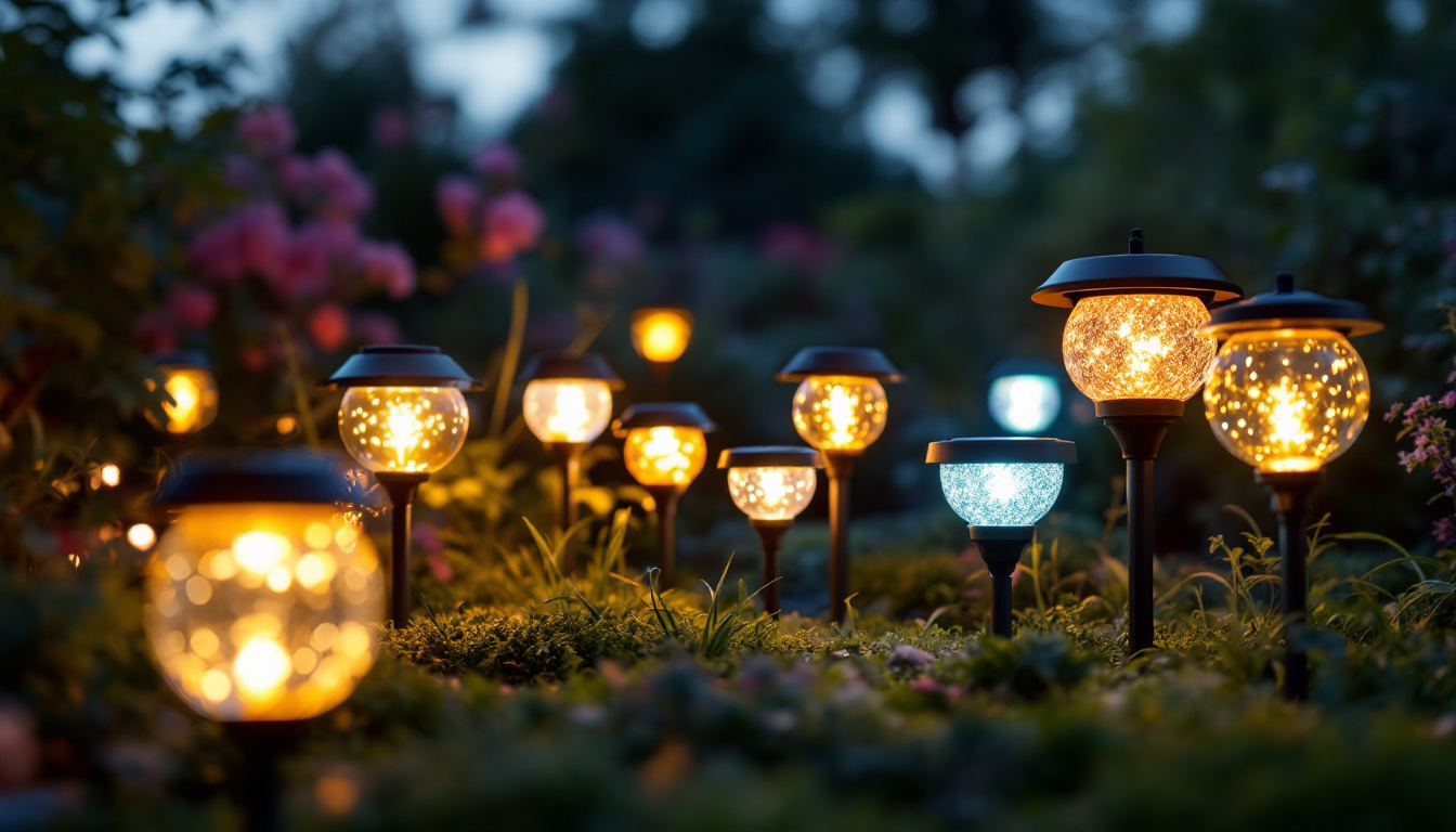 A photograph of a beautifully arranged display of various solar lights in a garden setting during twilight