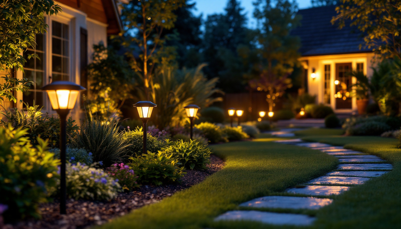 A photograph of a beautifully landscaped backyard at dusk