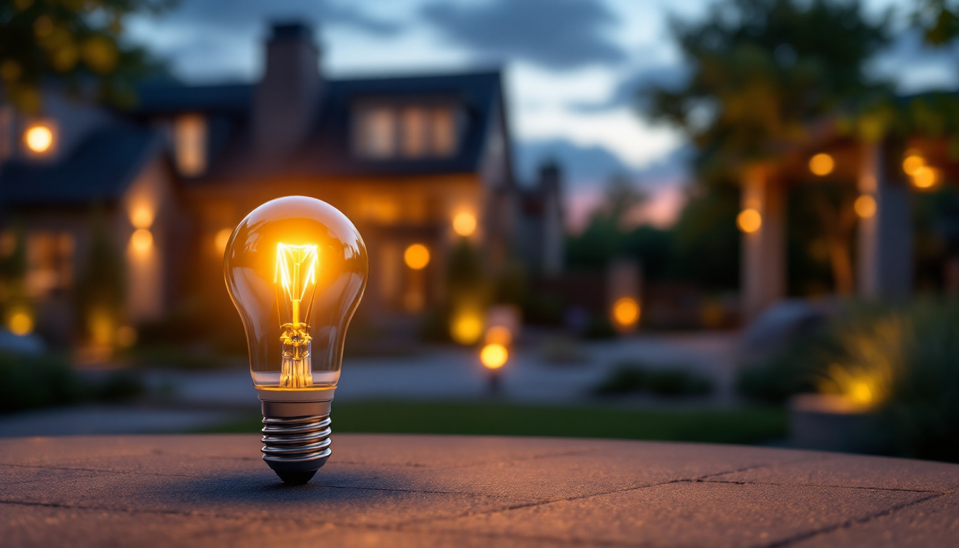 A photograph of a 40-watt type g outdoor bulb illuminating a beautifully designed outdoor space at dusk