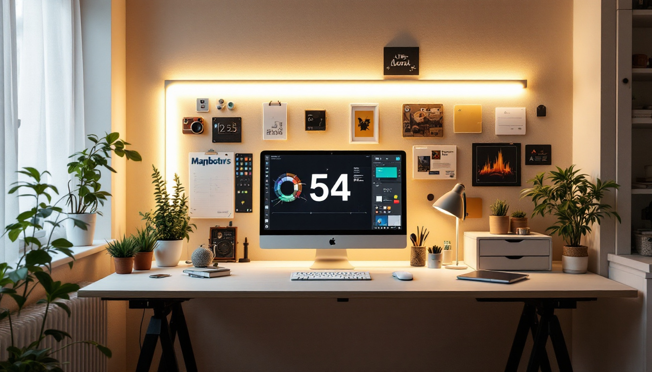 A photograph of a beautifully arranged workspace featuring magnetic strip lights illuminating various creative projects