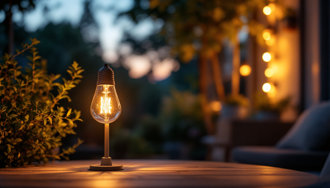A photograph of a dusk-to-dawn type g bulb illuminating a cozy outdoor setting