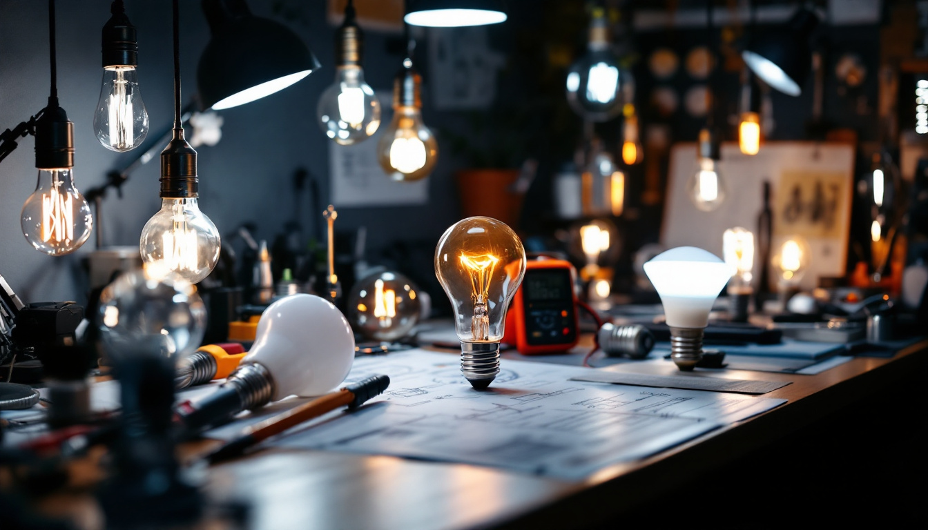 A photograph of a well-lit workspace featuring a variety of light bulbs