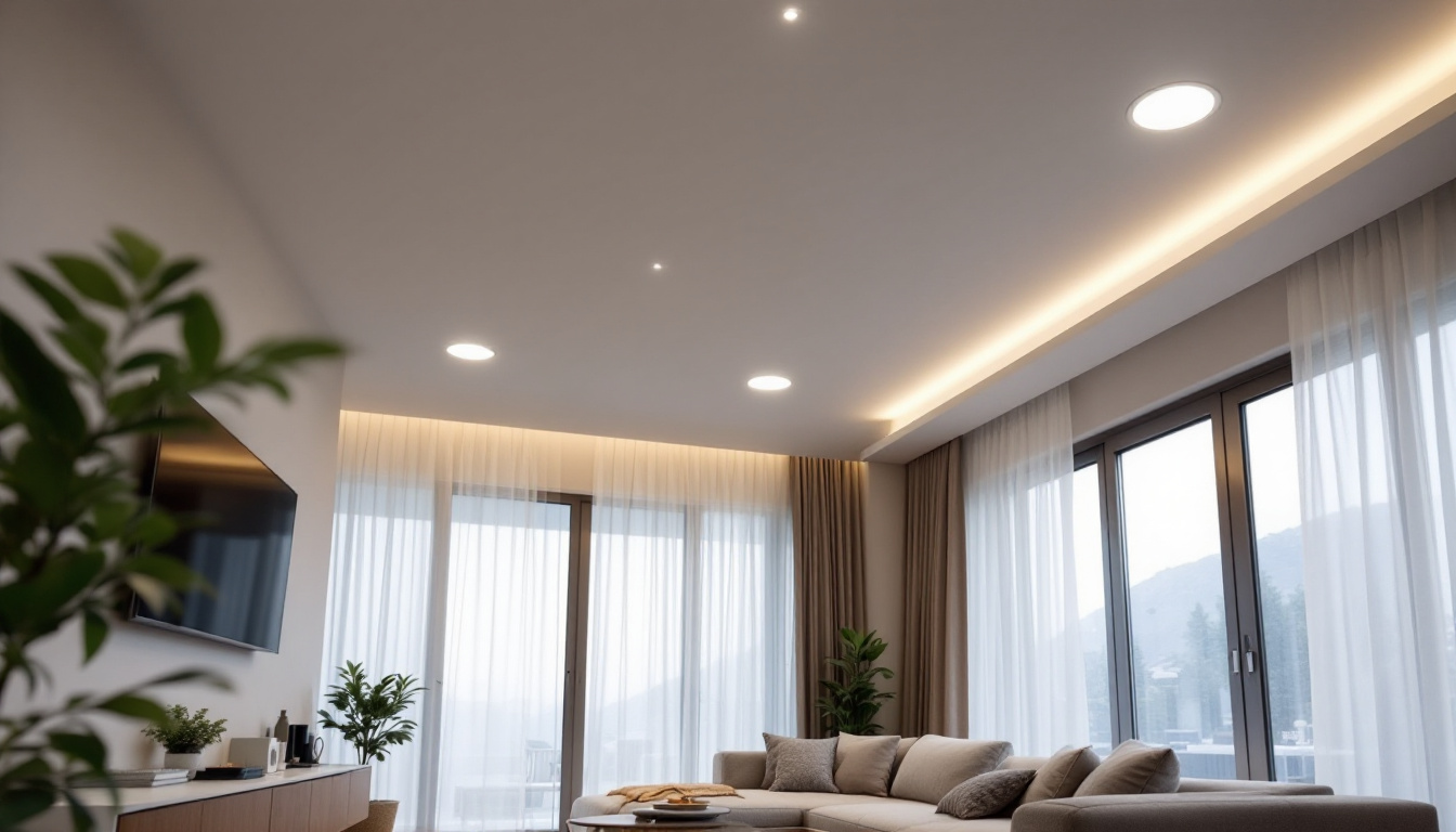 A photograph of a modern living space featuring sleek 6-inch led recessed lights installed in the ceiling
