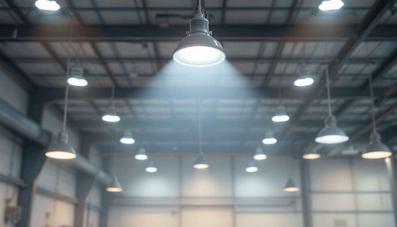 A photograph of a well-lit industrial space showcasing high bay light fixtures in action