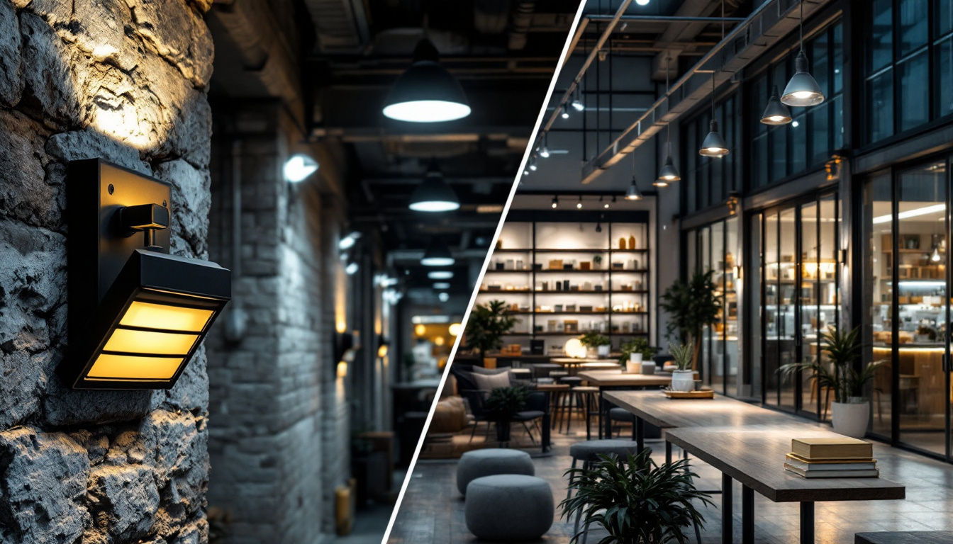 A photograph of a side-by-side comparison of an industrial outdoor motion light installed in a rugged