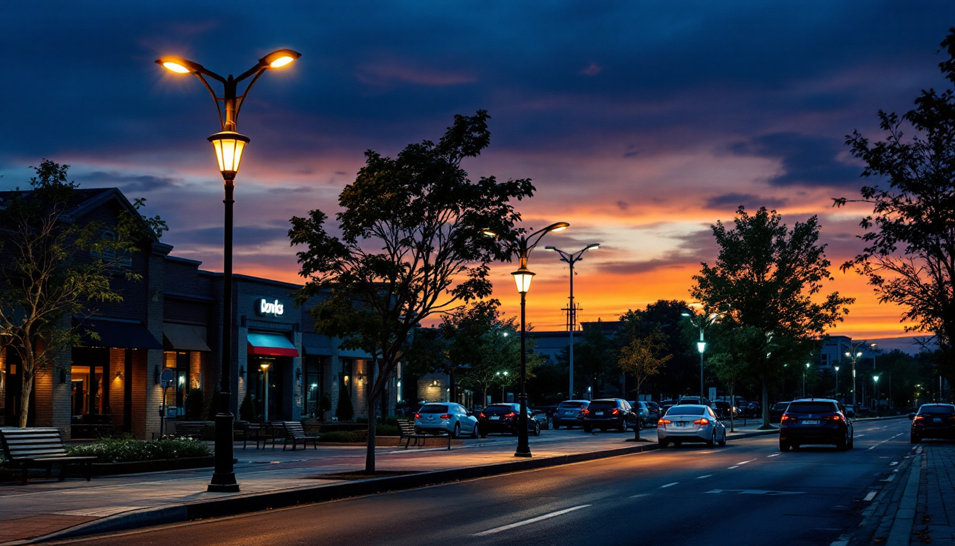 A photograph of a well-lit commercial area featuring various styles of light poles