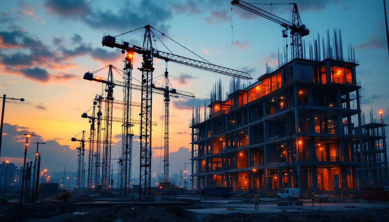 A photograph of a modern construction site at dusk