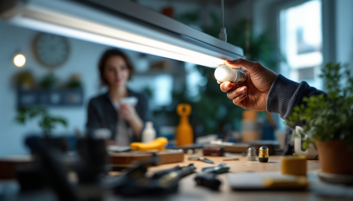 A photograph of a close-up shot of a person replacing a fluorescent light bulb with an led bulb