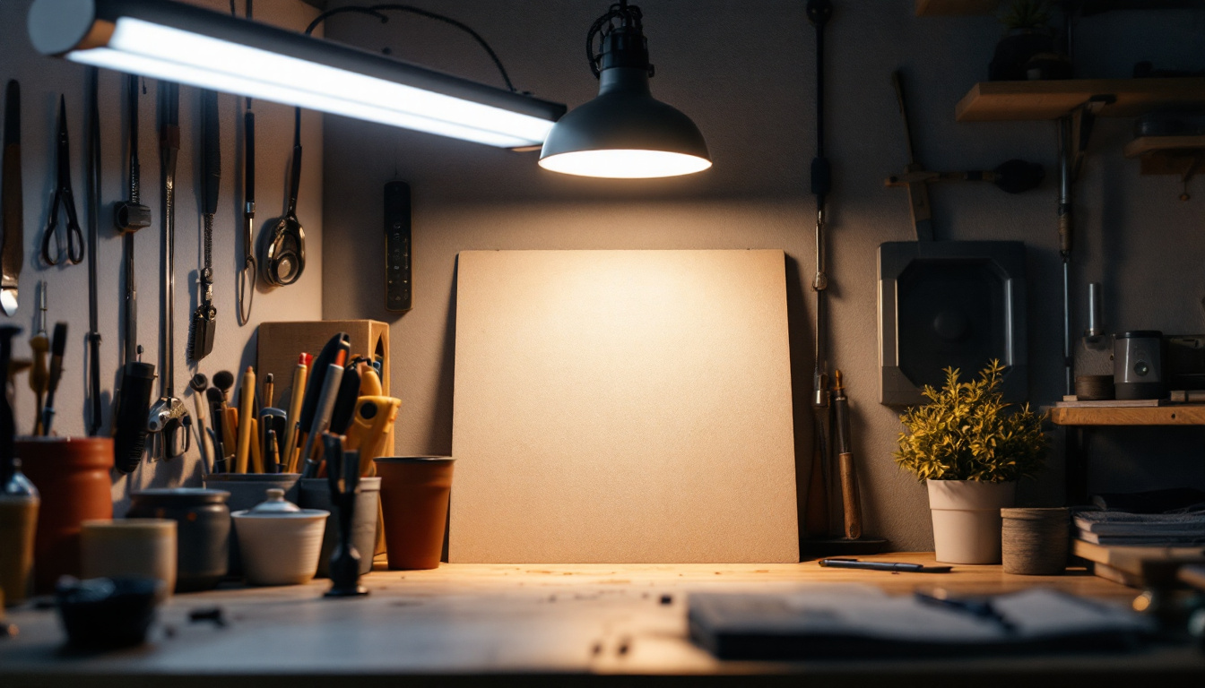 A photograph of a well-lit workspace featuring a fluorescent shop light in use