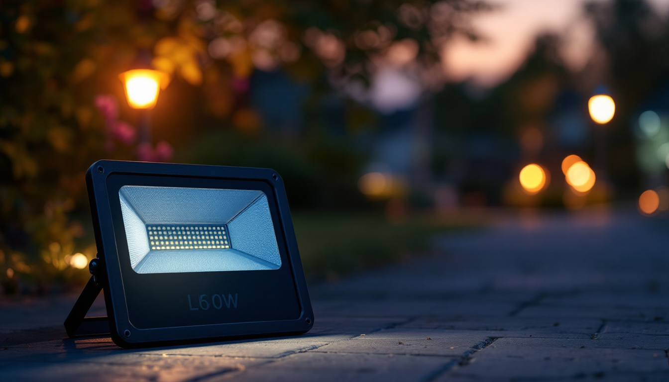 A photograph of a solar flood light in an outdoor setting at dusk