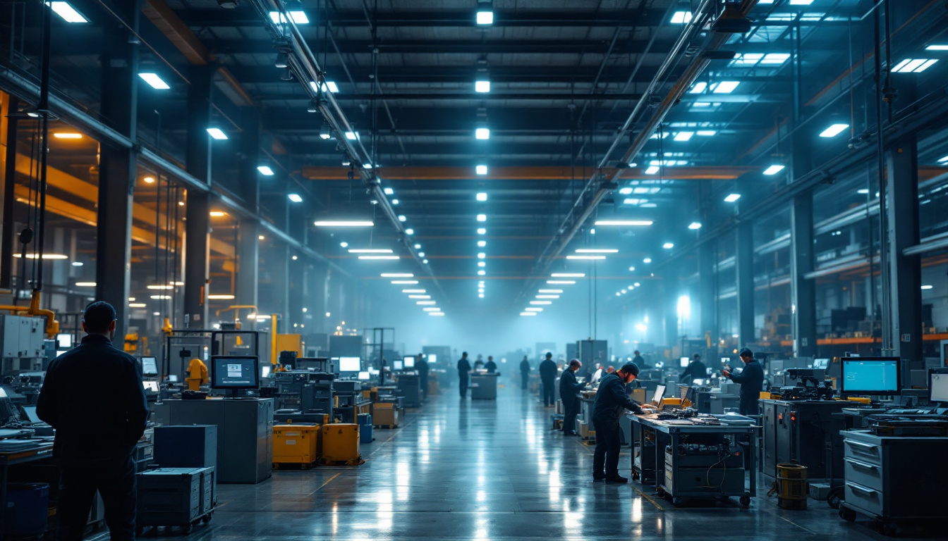 A photograph of a well-lit manufacturing facility showcasing various types of lighting solutions in use