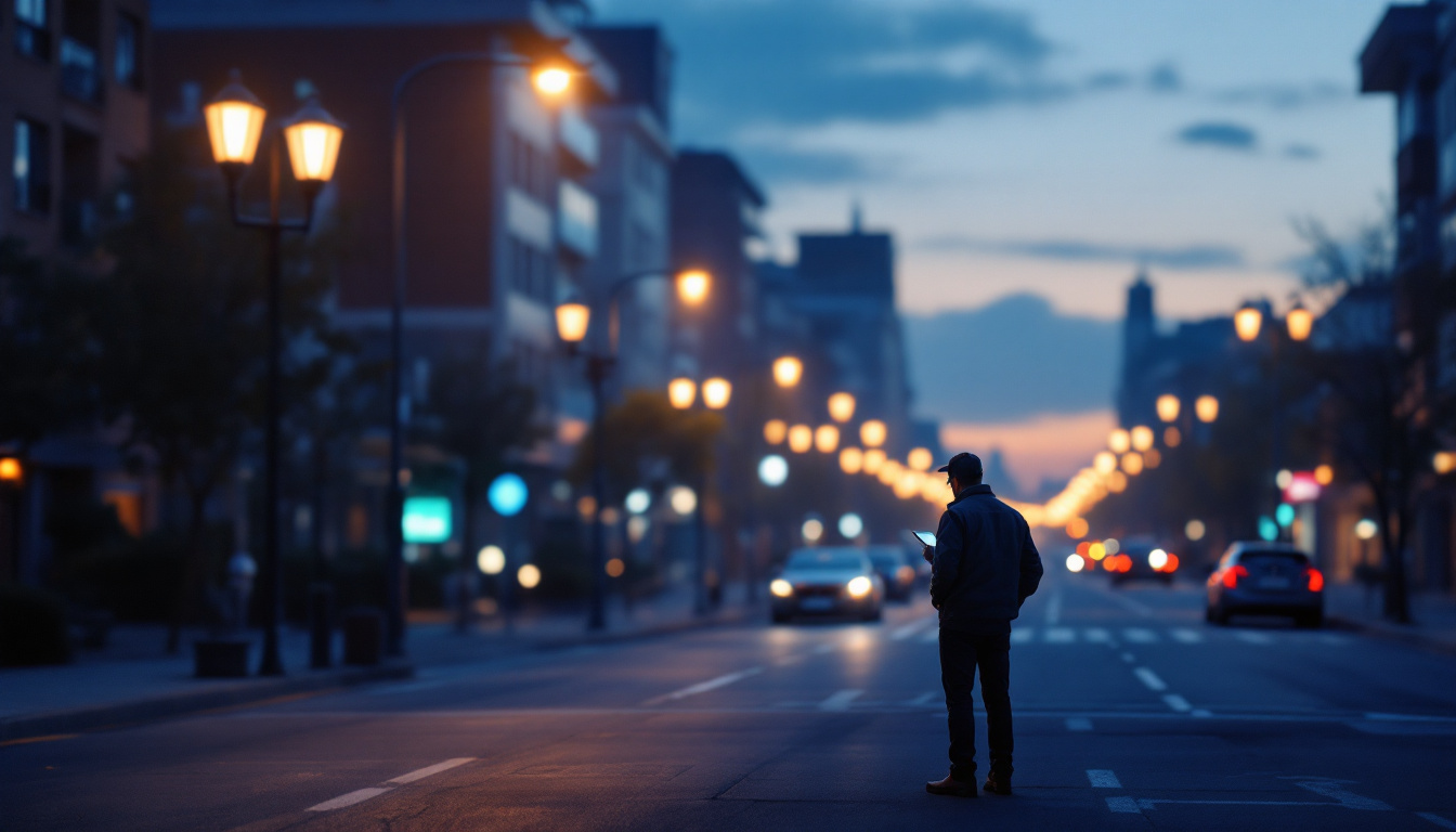 A photograph of a well-lit urban street scene at dusk