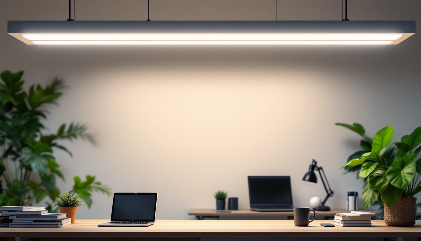 A photograph of a well-lit workspace featuring an 8-foot fluorescent light fixture installed overhead