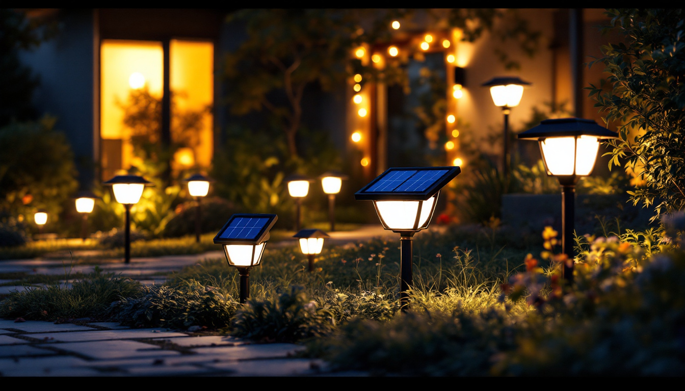 A photograph of a well-lit outdoor scene showcasing various solar lights in use
