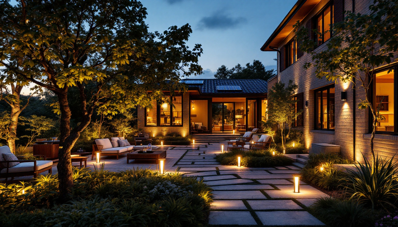 A photograph of a beautifully designed outdoor space illuminated by solar-powered exterior lights at dusk