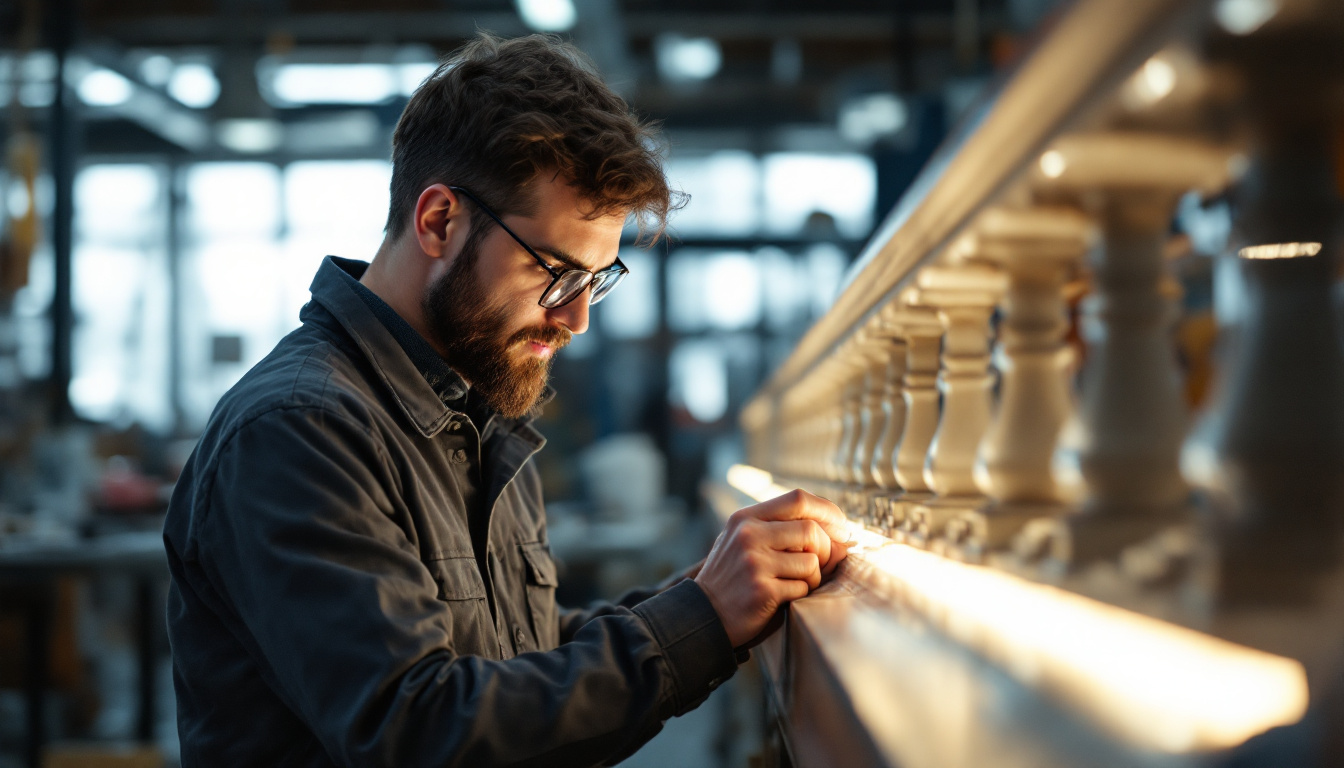 A photograph of a skilled engineer examining a light baluster in a well-lit workshop