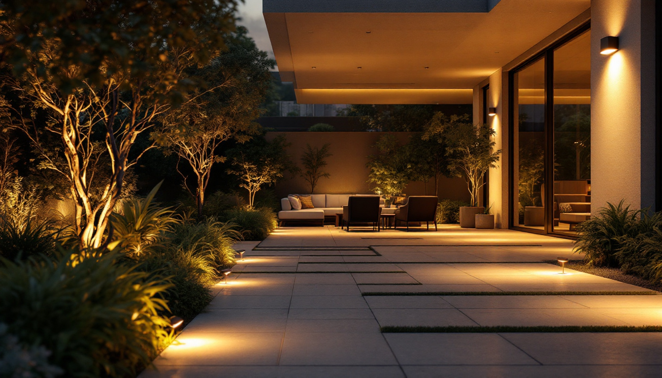 A photograph of a modern outdoor space illuminated by stylish halogen flood lights