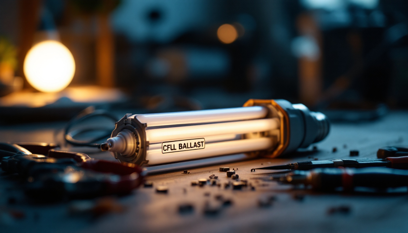 A photograph of a close-up of a cfl ballast alongside various electrical tools