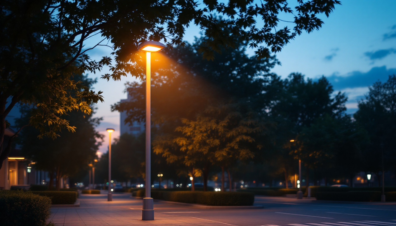 A photograph of a well-lit led street light pole at dusk