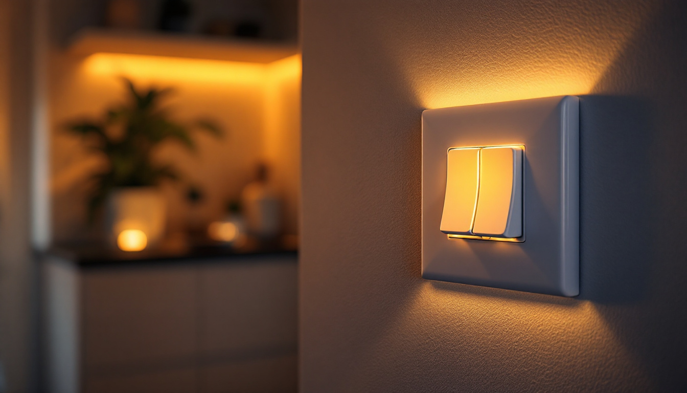A photograph of a three-way rocker switch in a modern home setting