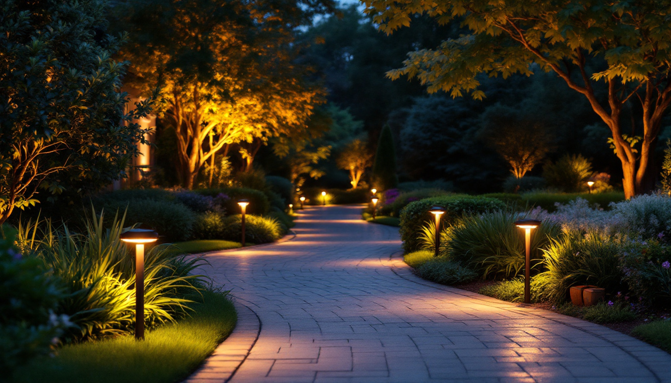 A photograph of a beautifully lit driveway at dusk
