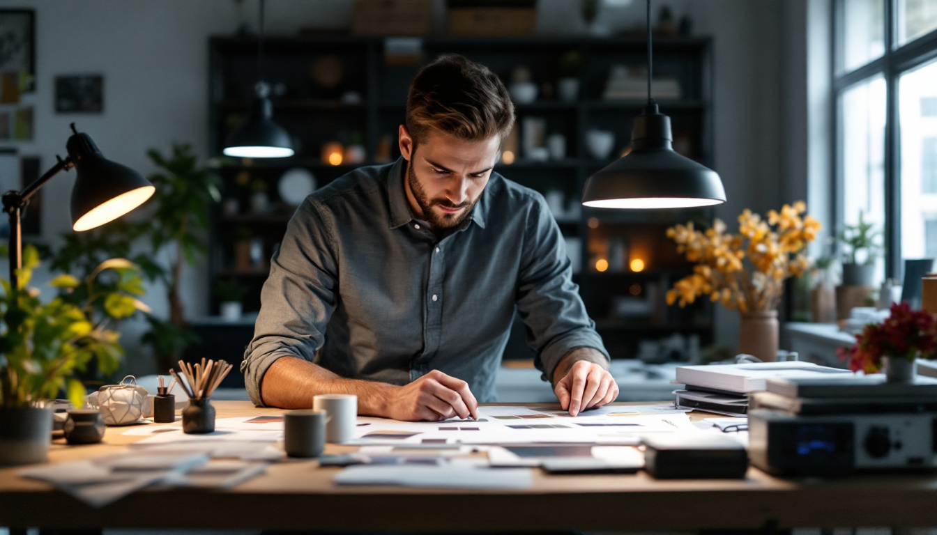 A photograph of a lighting engineer analyzing various light fixtures and their prices in a well-lit workspace