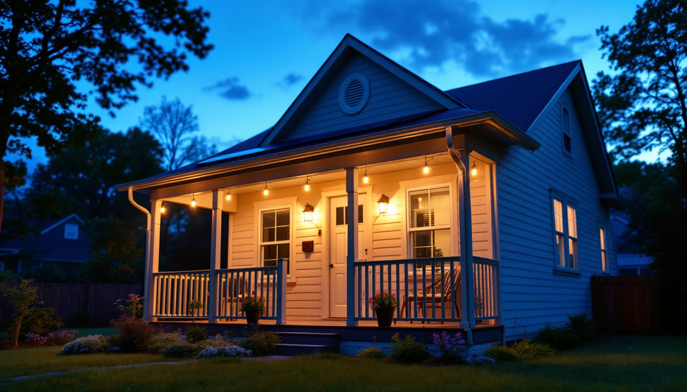A photograph of a beautifully lit outdoor porch featuring solar-powered lights in use during twilight